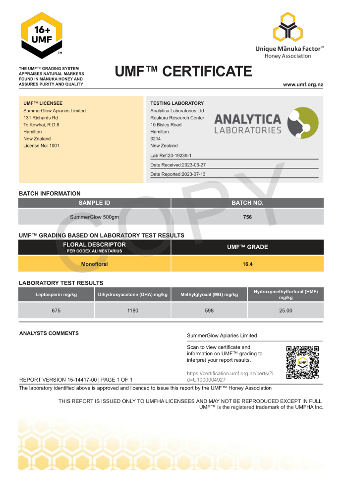 UMF™ 16+ Mānuka Honey 500g (MGO 570mg/kg)