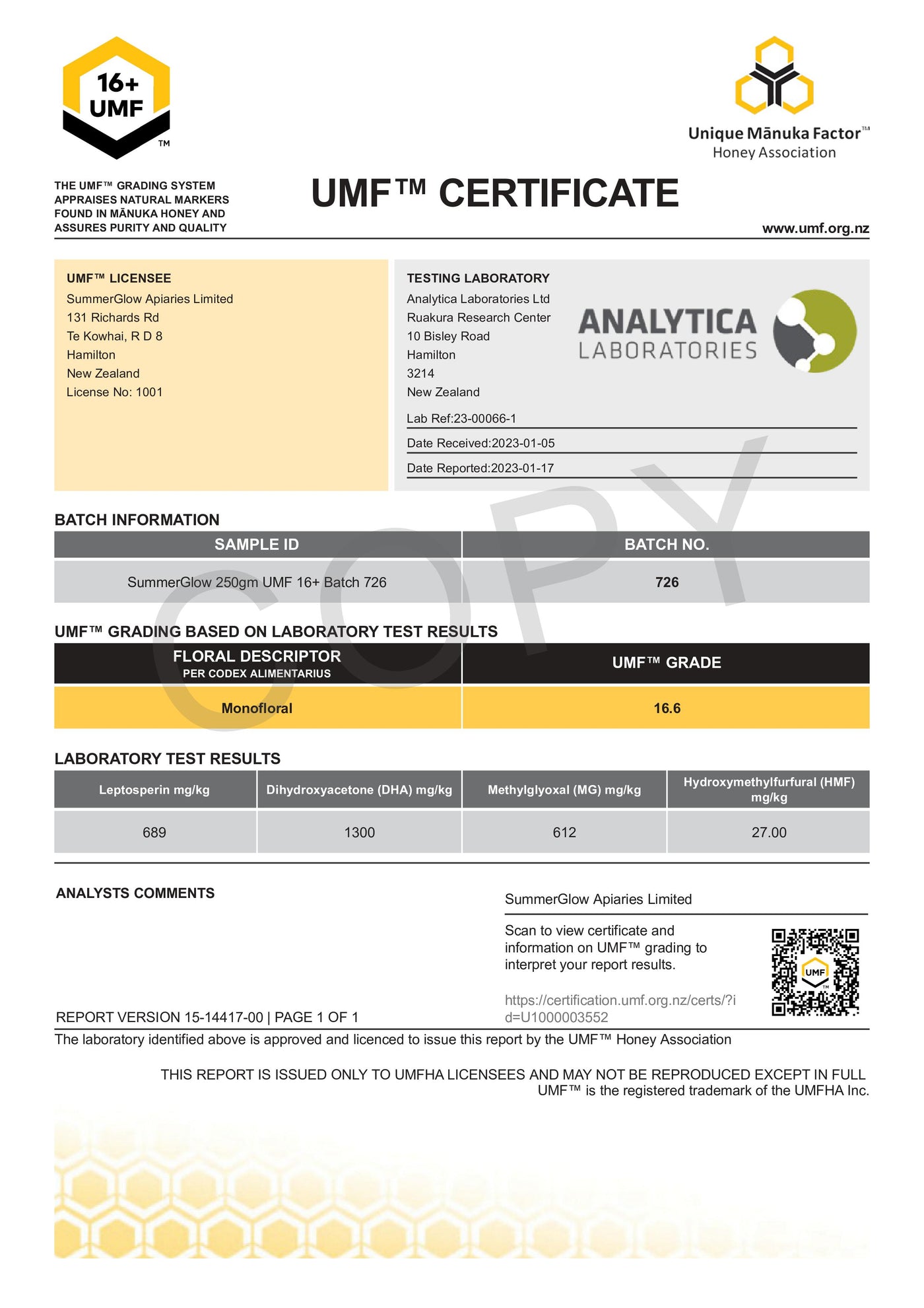 UMF™ 16+ Mānuka Honey 250g (MGO 570mg/kg)